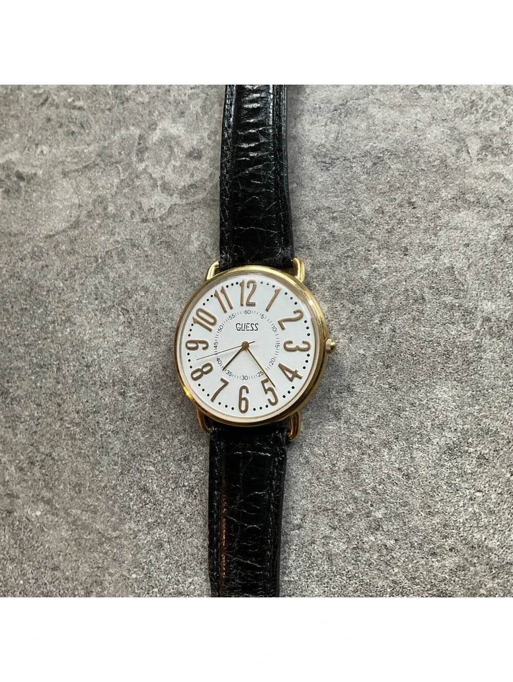 Vintage Guess Unisex Watch 40mm Gold Tone Case White Dial Black Leather Band A5